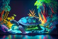 Turtle in the garden with pond, hologram, neon, generative ai illustration