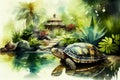 A turtle in the garden with pond, watercolor painting style, generative ai illustration