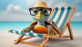 A funny turtle with glasses and a hat chilling on a beach chair on the beach drinking cocktails. Senior vacation concept Royalty Free Stock Photo