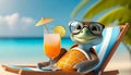 A funny turtle with glasses chilling on a beach chair on the beach drinking cocktails. Senior vacation concept Royalty Free Stock Photo