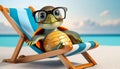 A funny turtle with glasses chilling on a beach chair on the beach drinking cocktails. Senior vacation concept Royalty Free Stock Photo