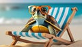 A funny turtle with glasses chilling on a beach chair on the beach drinking cocktails. Senior vacation concept Royalty Free Stock Photo