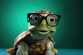 Turtle with glasses on a green background. 3d illustration, Cute little green turtle with glasses in front of studio background, Royalty Free Stock Photo