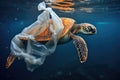 A turtle glides through the ocean waters, burdened by a plastic bag on its back, Sea turtle with plastic bags in the ocean,