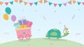 The turtle is going to send gifts with a smile at the birthday party.