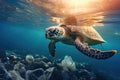 A turtle gracefully swims in the ocean alongside a troubling accumulation of human waste, Sea turtle surrounded by plastic garbage Royalty Free Stock Photo