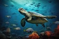 A turtle gracefully swims through the ocean as a school of fish surround it in an awe-inspiring display of underwater life, A