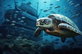 A turtle gracefully swims in the vast ocean as schools of fish swirl around it, A turtle swimming amongst a school of fish near a