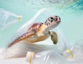 Turtle inside a big plastic bag in ocean, underwater Royalty Free Stock Photo