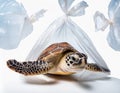 Turtle inside a big plastic bag in ocean, underwater Royalty Free Stock Photo