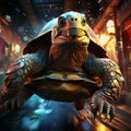 Turtle in iron armor in burning city