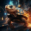 Turtle in iron armor in burning city