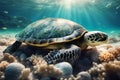 Turtle. A large beautiful sea turtle. Selective focus. AI generated