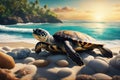 Turtle. Large beautiful sea turtle on the shore. Selective focus. AI generated