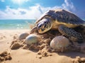 Ai Generated illustration Wildlife Concept of Turtle laying eggs on the beach. Royalty Free Stock Photo
