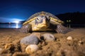 a turtle laying eggs on a beach at night Royalty Free Stock Photo