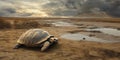 A turtle is laying on the ground in a desert Royalty Free Stock Photo