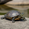 A turtle (likely Trachemys scripta) sits on a rock, basking in the sunlight. The turtle Royalty Free Stock Photo