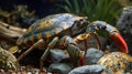 A turtle and lobster chimera with red and orange markings on its shell is walking along rocks, AI Royalty Free Stock Photo