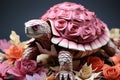 A turtle made out of paper flowers on a table