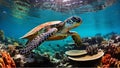 Turtle makes its way through a tropical marine environment, AI-generated.