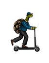 A turtle man in a suit rides a scooter. Food delivery man. Fashion animal character. Hand drawn woodcut outline sketch Royalty Free Stock Photo