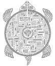 Turtle maze game. Animal puzzle labyrinth path. Ornamental silhouette turtle. Tattoo totem sketch. Hand drawn contour