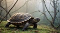 Majestic Tortoise Walking in Misty Forest Royalty Free Stock Photo