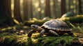 A Gentle Journey: Turtle Exploring a Mossy Forest Floor in Soft Sunlight Royalty Free Stock Photo