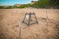 Turtle nest. Loggerhead sea turtle nesting site. Special constructions protected turtles` egg on Gerakas - very popular Royalty Free Stock Photo