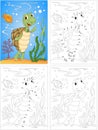 Turtle in the ocean. Coloring book and dot to dot game for kids