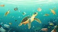 Turtle in ocean among garbage - bottle, glass, light bulb, mask, package, glass. Stop ocean plastic pollution Royalty Free Stock Photo