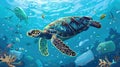 Turtle in ocean among garbage - bottle, glass, light bulb, mask, package, glass. Stop ocean plastic pollution Royalty Free Stock Photo