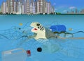 Turtle in the ocean with trash vector icon on a blue background. Environment pollution illustration on blue. Garbage in