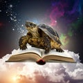 Turtle on Open Book in Space Royalty Free Stock Photo