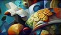 Turtle ornament. Abstract underwater world. Decorative seabed. Imitation of artistic oil painting. AI-generated