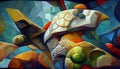 Turtle ornament. Abstract underwater world. Decorative seabed. Underwater world in the style of cubism. Imitation of