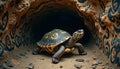 Ornate turtle emerges from a cave adorned with tribal-like paintings Royalty Free Stock Photo