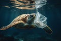 A turtle with a plastic bag attached symbolizes ocean pollution