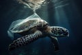 A turtle with a plastic bag attached symbolizes ocean pollution