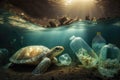 Turtle in plastic bag. Massive plastic pollution underwater concept. Ecological problem. Generative AI