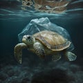 Turtle with plastic bag swimming in the ocean. Plastic waste pollution concept. Royalty Free Stock Photo