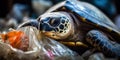 Turtle among plastic garbage from ocean on the beach during sunset. AI generative illustration Royalty Free Stock Photo