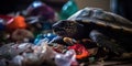 Turtle among plastic garbage from ocean on the beach during sunset. AI generative illustration Royalty Free Stock Photo