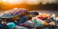 Turtle among plastic garbage from ocean on the beach during sunset. AI generative illustration Royalty Free Stock Photo