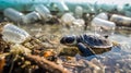 Turtle among plastic and garbage pollution in the ocean. Packages and bottles in water.