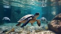 Turtle among plastic and garbage pollution in the ocean. Packages and bottles in water.