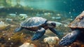 Turtle among plastic and garbage pollution in the ocean. Packages and bottles in water.