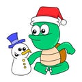 The turtle is playing with the cute snowman, doodle icon image kawaii Royalty Free Stock Photo