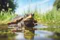 Turtle pokes its head out of the water,pond, front view, Generated AI